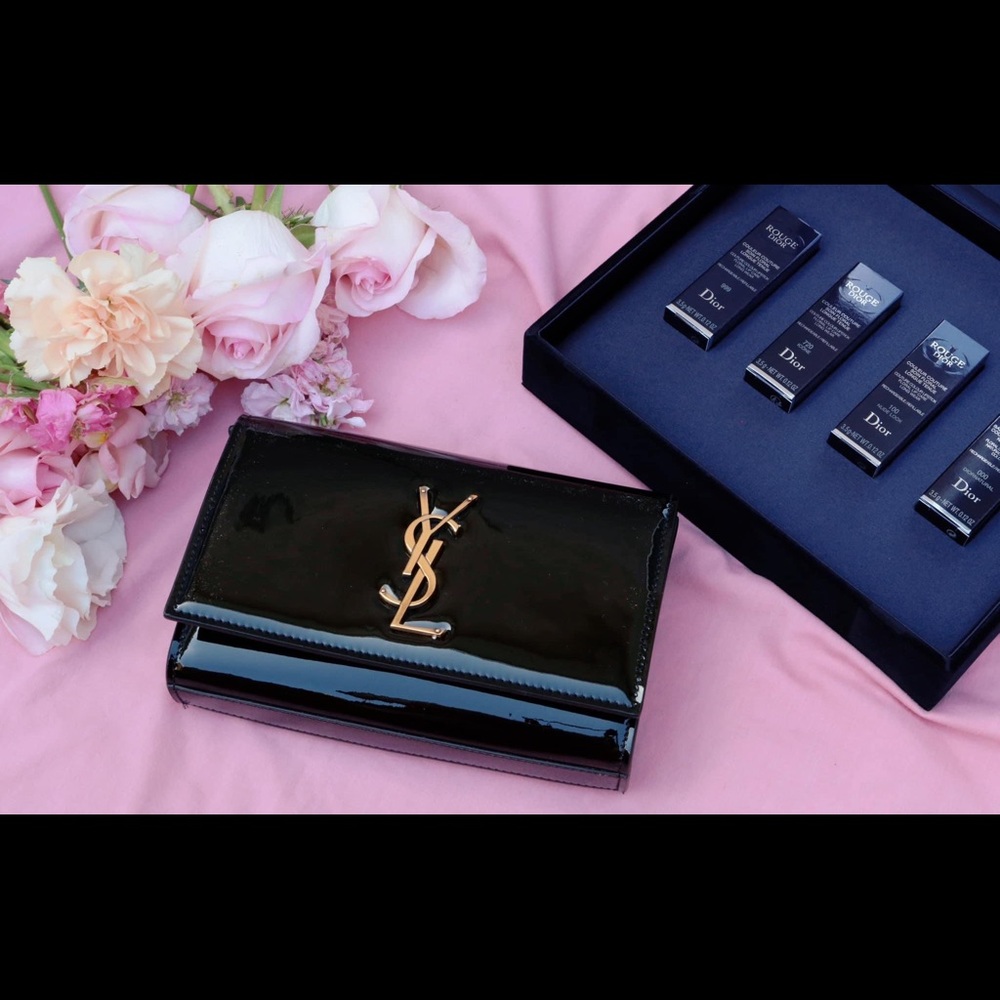 Yves Saint Laurent Black Patent Leather Monogram Clutch with Gold Hardware